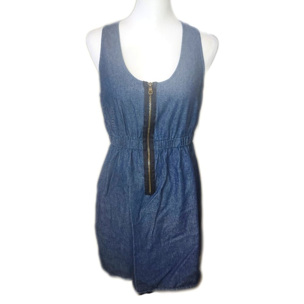 Derek Heart 100% Cotton Blue Denim Sleeveless Mini Dress, Front Zipper, L